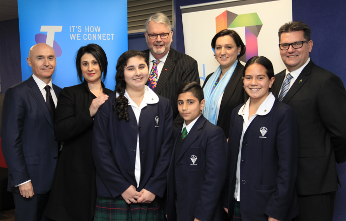Brendon Riley Group Executive, Global Enterprises and Services, Telstra, Naura Achi her daughter Year 7 student Taleen Salicioglu-Achi, Greg Whitby, Executive Director of Schools, Catholic Education Parramatta; Buddy Wehbe;Kata Collimore Year 7 teacher, Kaia Brown, Peter Wade, Principal Delany College