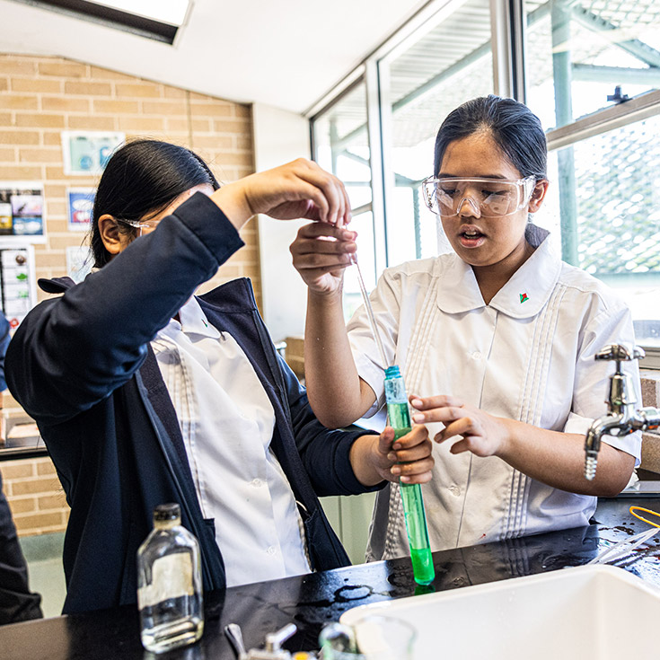Girls doing science at Delany Catholic College Granville
